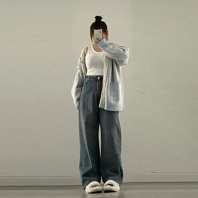 胖mm大码女装可调节腰围阔腿牛仔裤女新款裤子复古宽松显瘦直筒裤