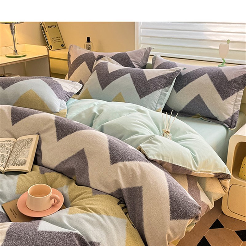 加厚北欧风纯棉四件套100全棉磨毛简约条格单双人宿舍被套床单笠4