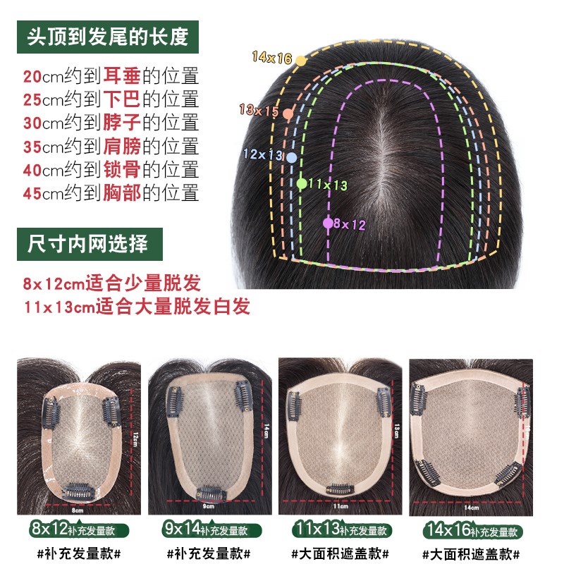 双递针全手织真发假发片女士遮白发一片式中分胎毛刘海头顶补发片