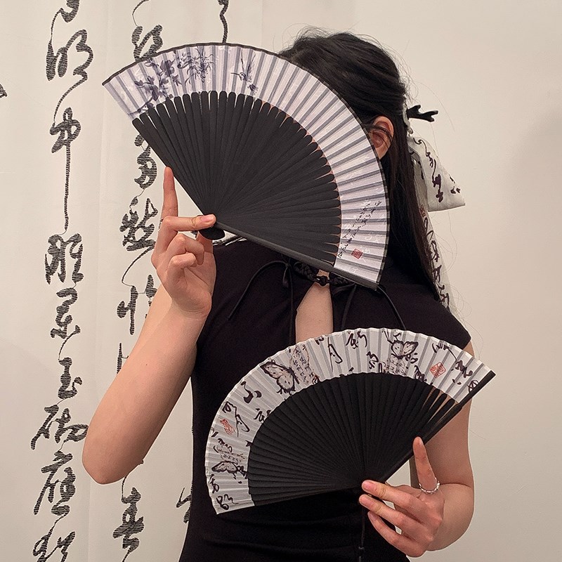 古风扇子夏天便携黑色折扇女式随身古典中国风汉服旗袍折叠小扇子