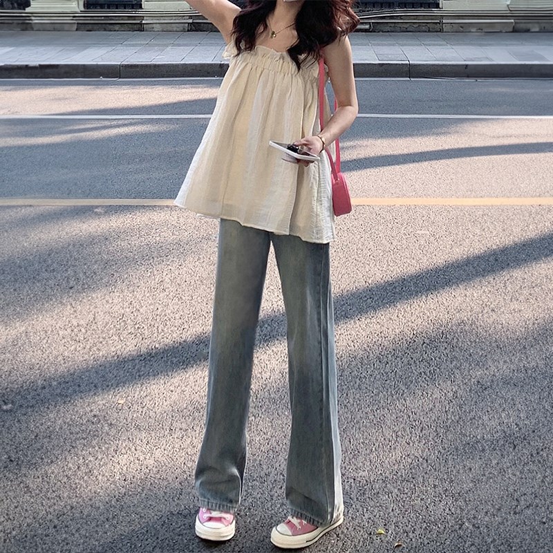 复古蓝直筒牛仔裤女2024夏季新款胖妹妹mm高腰宽松显瘦窄版阔腿裤