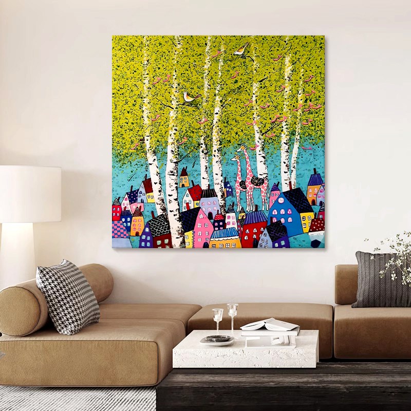 大芬村手绘油画北欧系客厅玄关装饰画卡通大树小屋儿童房挂画图片