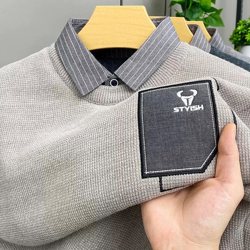 衬衫领假两件毛衣男加绒加厚宽松冬季一体绒保暖针织打底衫男外套