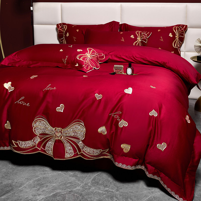 高端新婚庆四件套100支提花蝴蝶结红色被套纯棉全棉结婚床上用品4