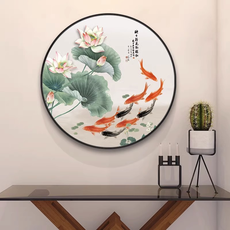 新中式荷花九鱼玄关装饰画入户走廊过道挂画客厅饭厅圆形墙面壁画图片