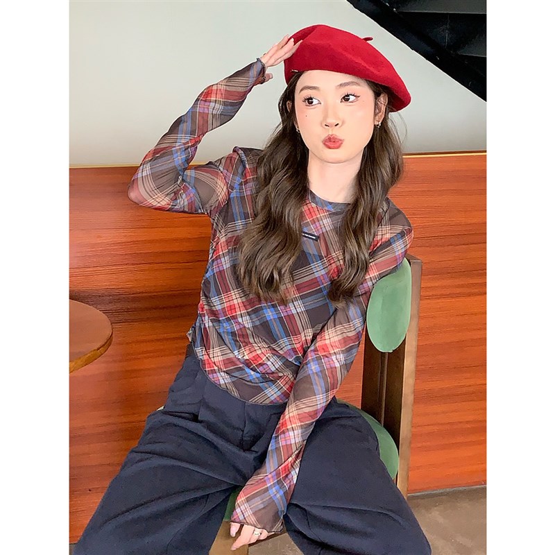 复古格纹长袖网纱薄款打底衫女夏修身显瘦百搭设计感气质上衣