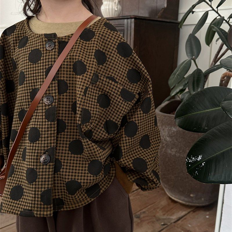 暮晨家新款秋装2024男童圆领波点长袖衬衫中小童森系洋气外套夹克