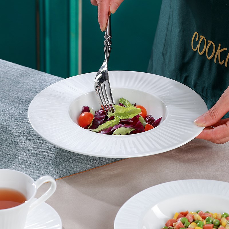 创意西餐草帽盘陶瓷汤盘高级感意面沙拉盘家用炒菜盘纯白骨瓷平盘