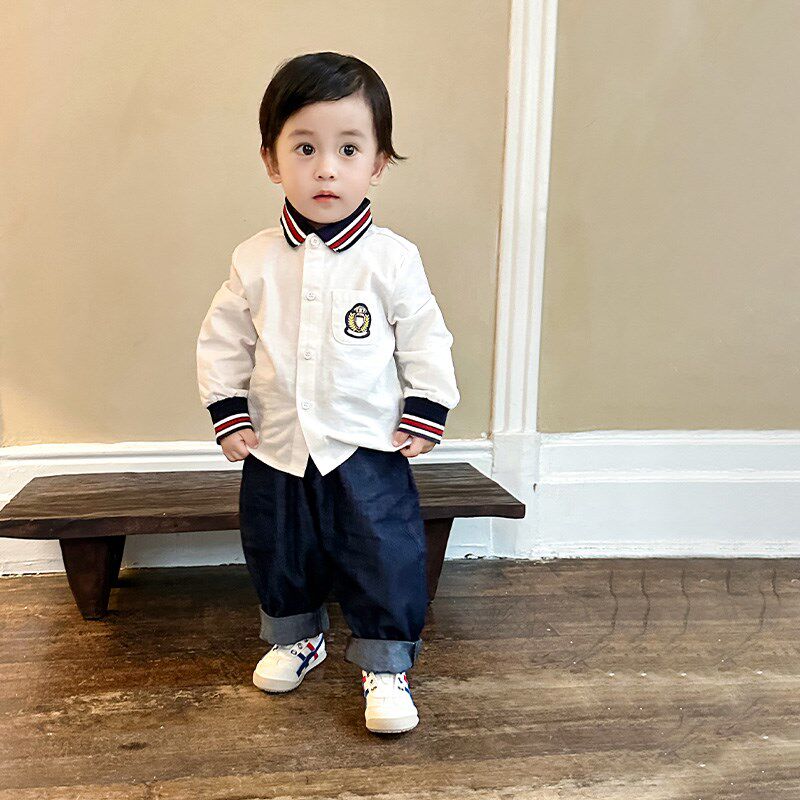 男童衬衫长袖Polo领衬衣学院风童装宝宝白衬衣白色上衣秋装男新潮
