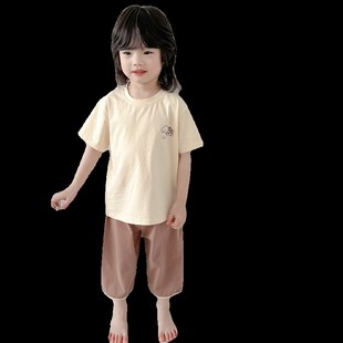 宝宝睡衣夏天薄款纯棉短袖七分裤男童家居服夏季套装a类棉空调服