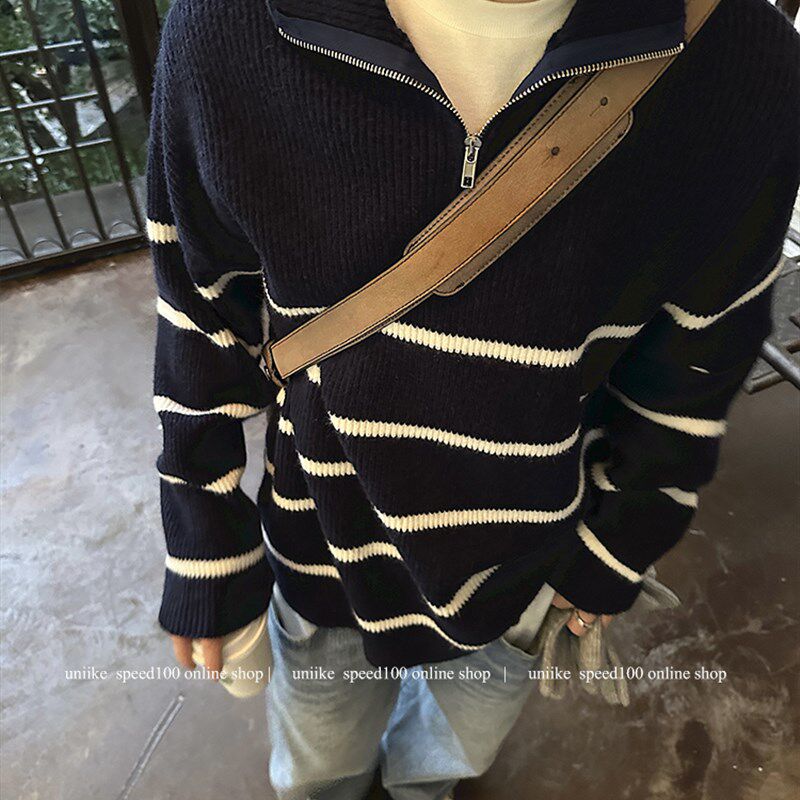 英式学院风针织立领条纹毛衣男女秋冬半拉炼翻领上衣高领外穿宽松