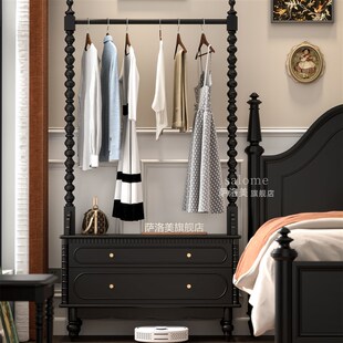 法式复古实木挂衣架落地家用中古风美式卧室衣服衣帽架床头柜一体