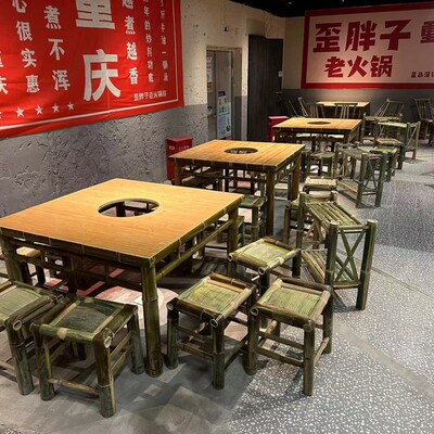纯手工竹桌子茶舍正方形原竹桌升级款火锅餐桌子茶舍新款名宿复古