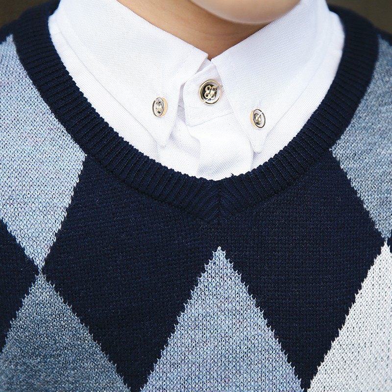 男童毛衣背心2021春秋装新款纯棉v领套头针织衫中大儿童格子马甲
