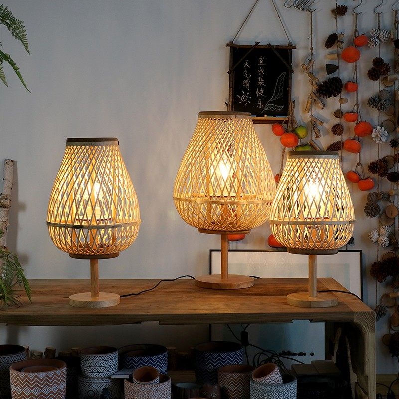 藤编风灯北欧落地带支架灯笼插电烛台民宿床头灯酒店样板间新中式