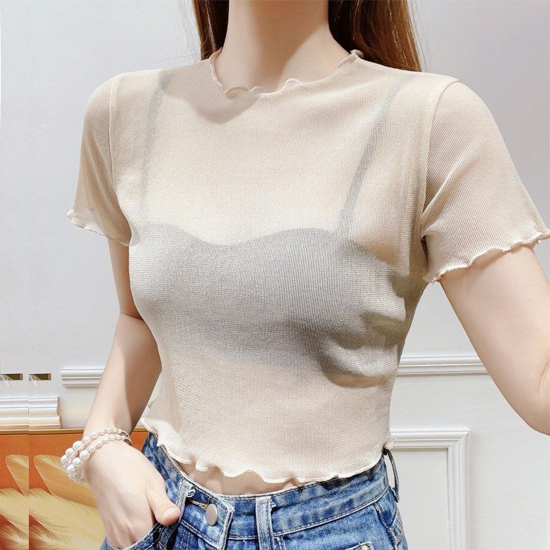 木耳边白色网纱打底衫女夏季薄款吊带裙内搭短袖t恤短款亮丝上衣,女装/女士精品,蕾丝衫/雪纺衫,淘宝优惠券,粉丝福利购,淘宝优惠卷