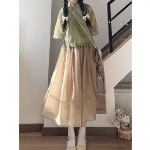 大码胖mm禅意新中式国风茶服系带旗袍上衣半身裙女改良旗袍裙套装