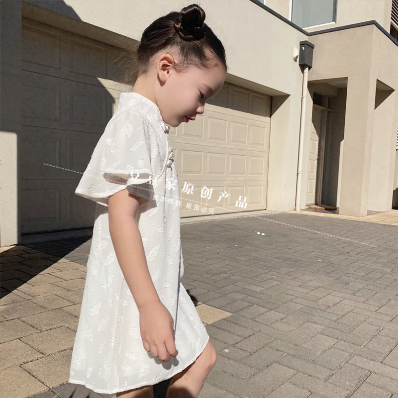 豆豆家定制女童夏装白色旗袍淑女连衣裙2022夏季儿童新款雪纺旗袍