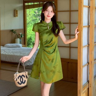 新中式绿色改良旗袍开叉连衣裙套装女装夏季复古短裤两件套小个子
