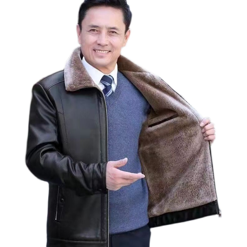 爸爸冬装外套中老年人加绒加厚皮衣服40秋冬季中年男装50岁夹克