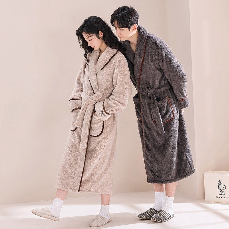 睡袍睡衣女冬季加厚法兰绒浴袍春秋加绒加长款男士情侣珊瑚绒浴衣
