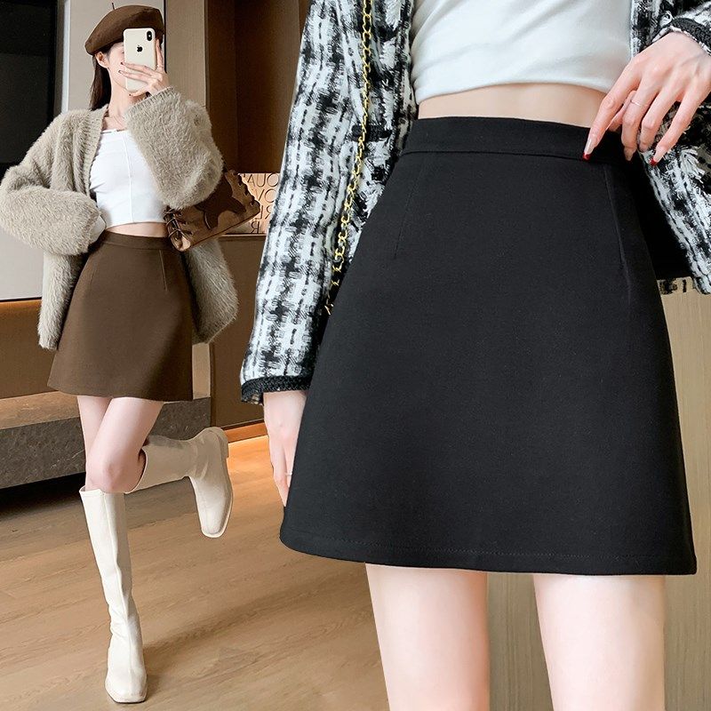 大码胖M毛呢短裙女秋冬小个子裤裙遮胯a字裙黑色显瘦包臀裙半身裙