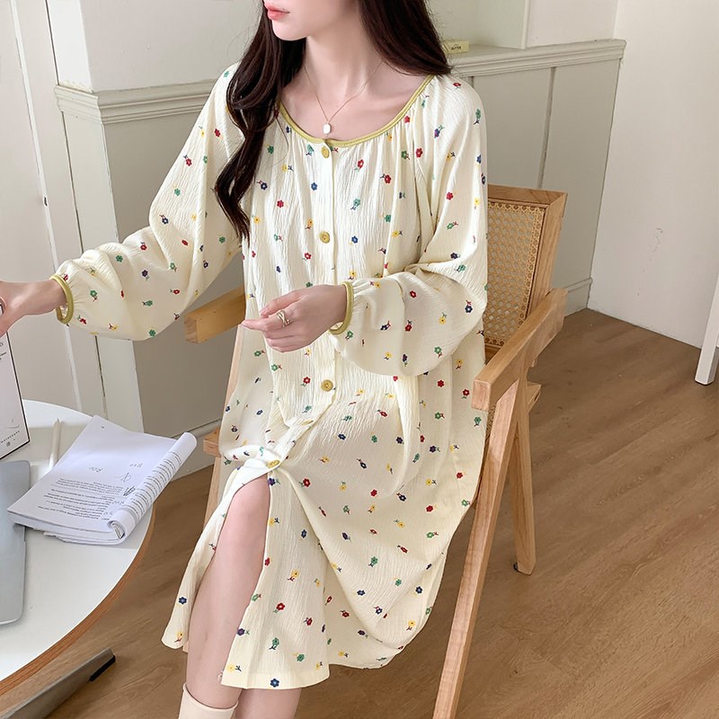 睡裙女春秋款甜美田园风中长款大码开衫孕妇睡衣连衣裙秋冬家居服
