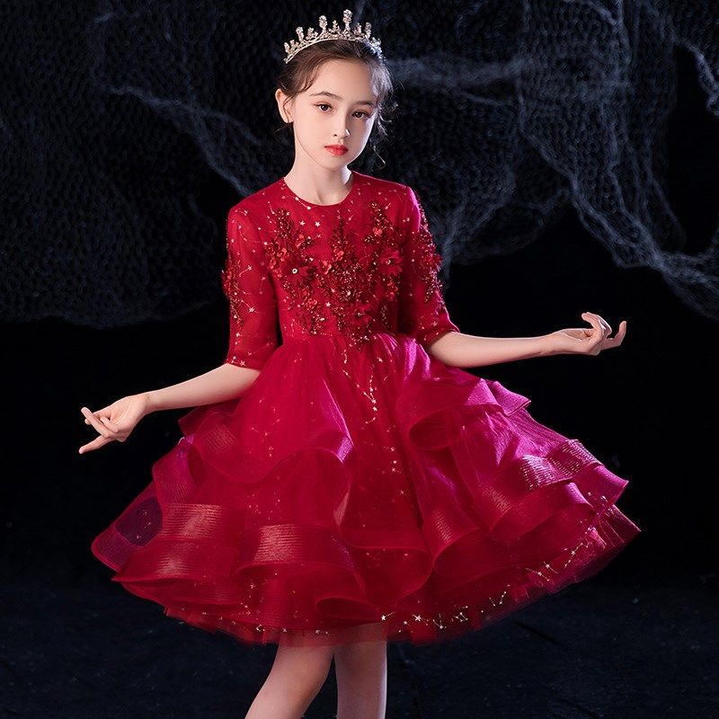 女童生日公主裙红色儿童晚礼服花童演奏小主持人钢琴演出服秋季女