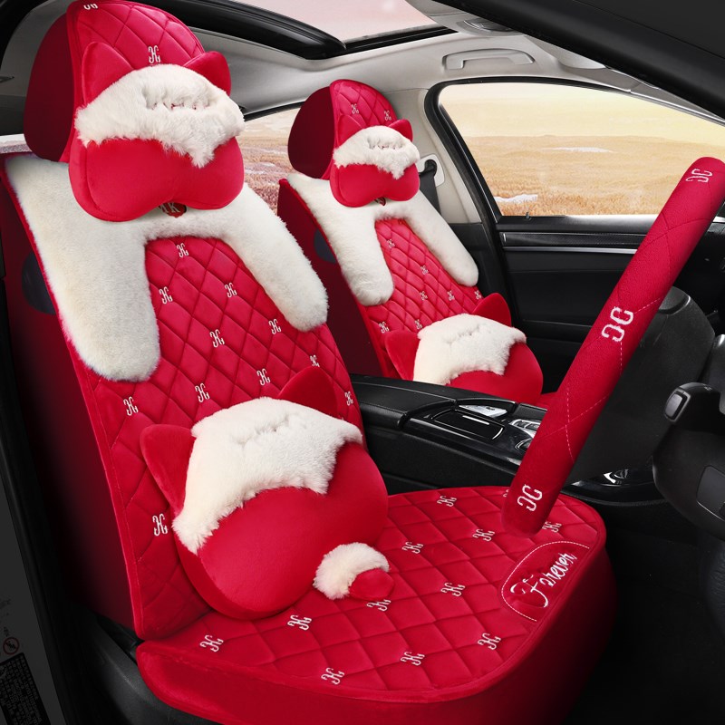 新款汽车坐垫卡通冬季保暖短毛绒座套冬天加厚女神款全包可爱车垫