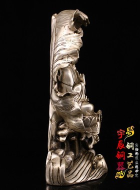 仿古纯铜白铜水月观音菩萨铜像荷叶观音家居