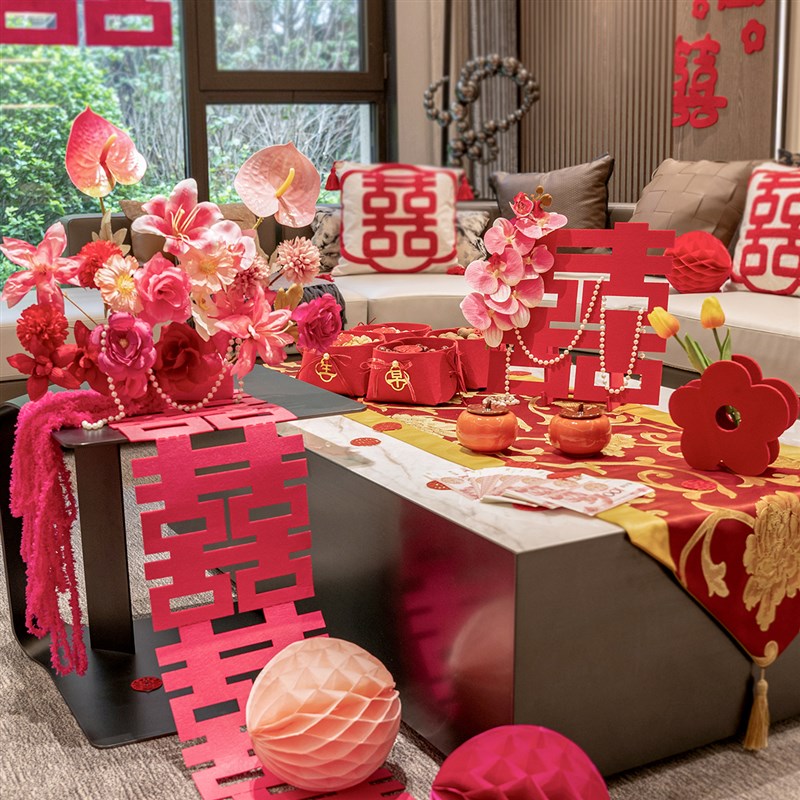 婚房布置结婚茶几装扮套餐桌面喜庆布置客厅中式婚礼餐桌布高级感