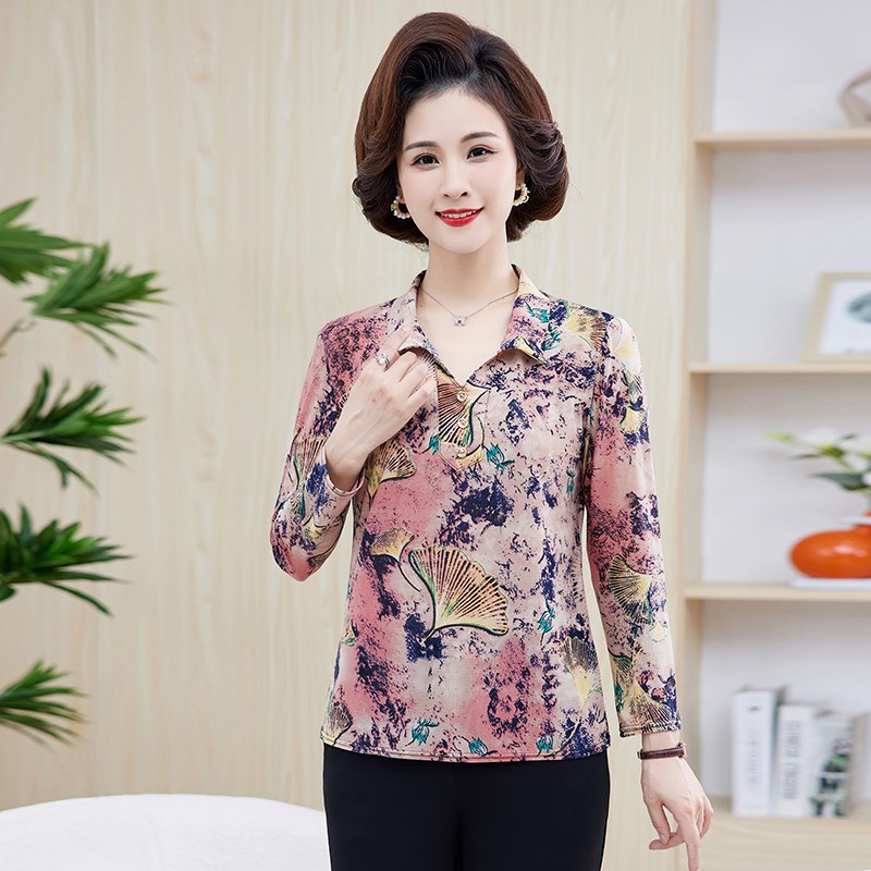 新款妈妈装有领上衣服中老年40-50岁女秋季中年妇女装翻领长袖T恤