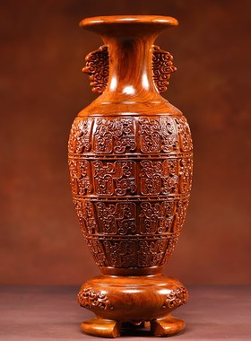 花梨木雕刻花瓶摆件汉式家居电视柜新中式花瓶装饰工艺品乔迁送礼