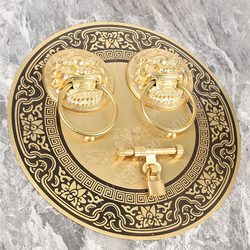 新中式仿古纯铜大门插销兽头麒麟头门环铜拉手古典别墅木门门把手