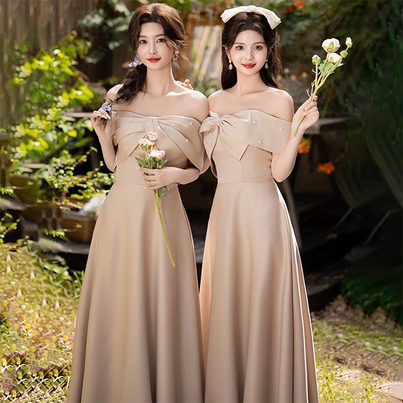 婚礼伴娘服2024新款高级感秋冬缎面香槟色礼服裙女日常小众姐妹服
