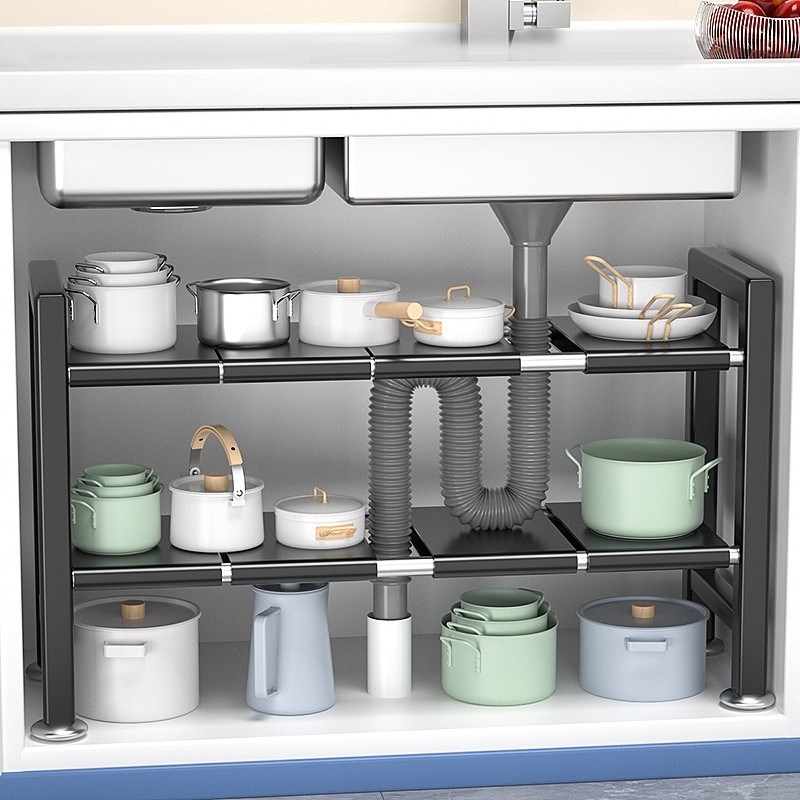 厨房下水槽置物架可伸缩可调节锅具收纳架家用分层多功能放锅架子