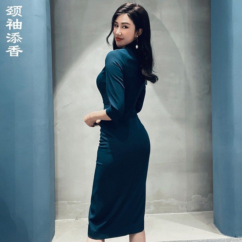 颈袖添香连衣裙女修身显瘦气质职业包臀收腰开叉短袖主持人正装