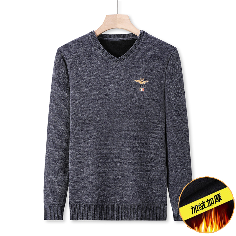 (一体绒)雪尼尔毛衣男V领冬季加绒加厚保暖T恤男士V领打底衫潮