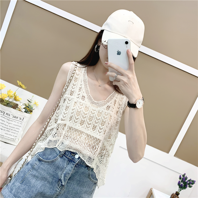 针织小马甲背心女夏外穿短款V领勾花镂空罩衫无袖蕾丝吊带上衣
