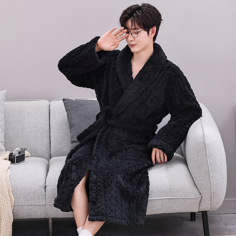 睡袍男士秋冬季加绒加厚珊瑚绒加长款保暖提花法兰绒浴袍睡衣春秋