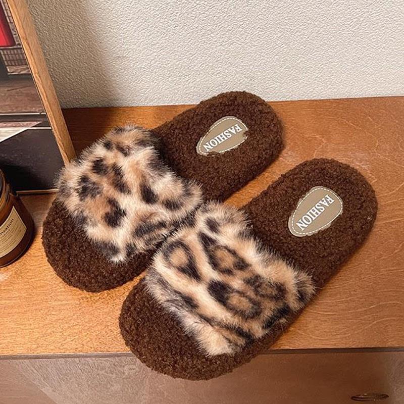 网红爆款kt猫HelloKitty豹纹毛毛拖鞋女冬天棉拖鞋居家保暖月子鞋