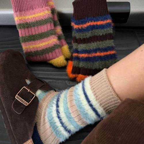 复古撞色条纹水貂绒袜子女中筒袜秋冬季加绒加厚保暖粗线情侣长袜