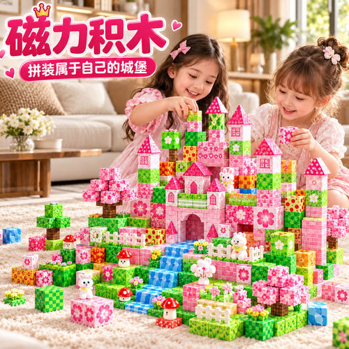 粉色磁力积木方块拼图儿童玩具