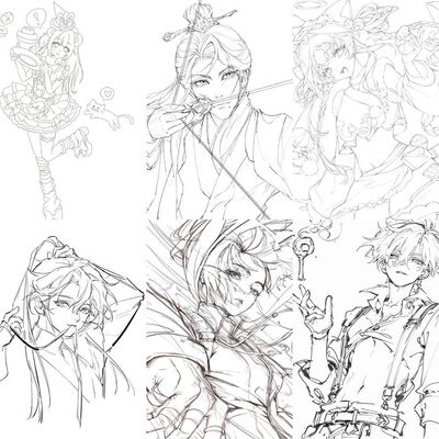 180张oc线稿贴纸创意卡通isn风古风可爱人物素描绘画素材贴画装饰