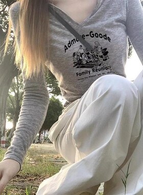 美式复古印花灰色v领内q搭打底衫女秋冬修身长袖T恤设计感小众上