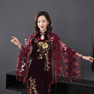 旗袍小披肩婚礼妈妈夏季薄款连衣裙民族风女围巾两用蕾丝外搭开衫