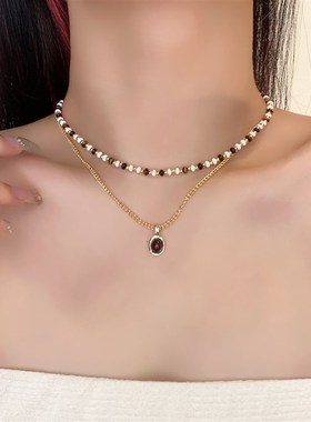 美拉德虎眼石串珠项链女轻奢小众双层叠戴锁骨链复古高级感颈链夏