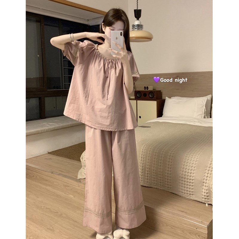 宫廷风设计感简约j全棉睡衣女夏季2024新款韩版短袖长裤家居服套