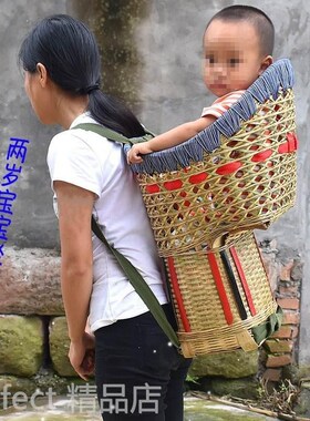 手工背篓竹编背婴儿背小孩背儿童背孩H子背娃儿背篓幼儿背宝宝背