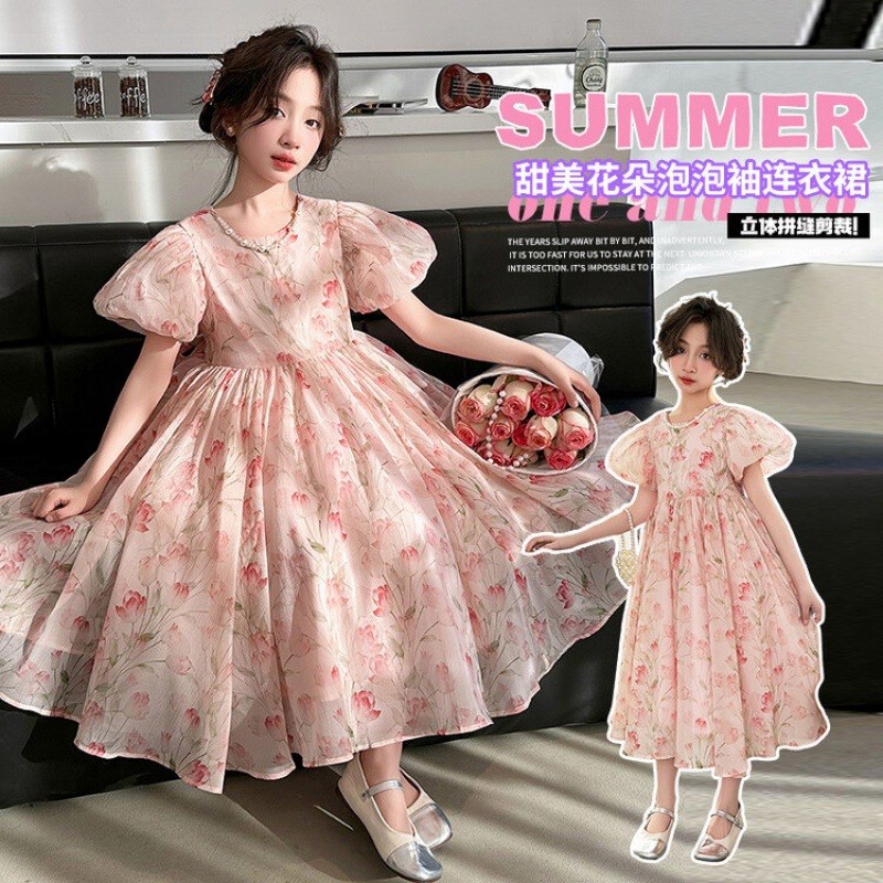 2023夏d季童装女童连衣裙女孩碎花设计公主裙搭配珍珠项链大摆长